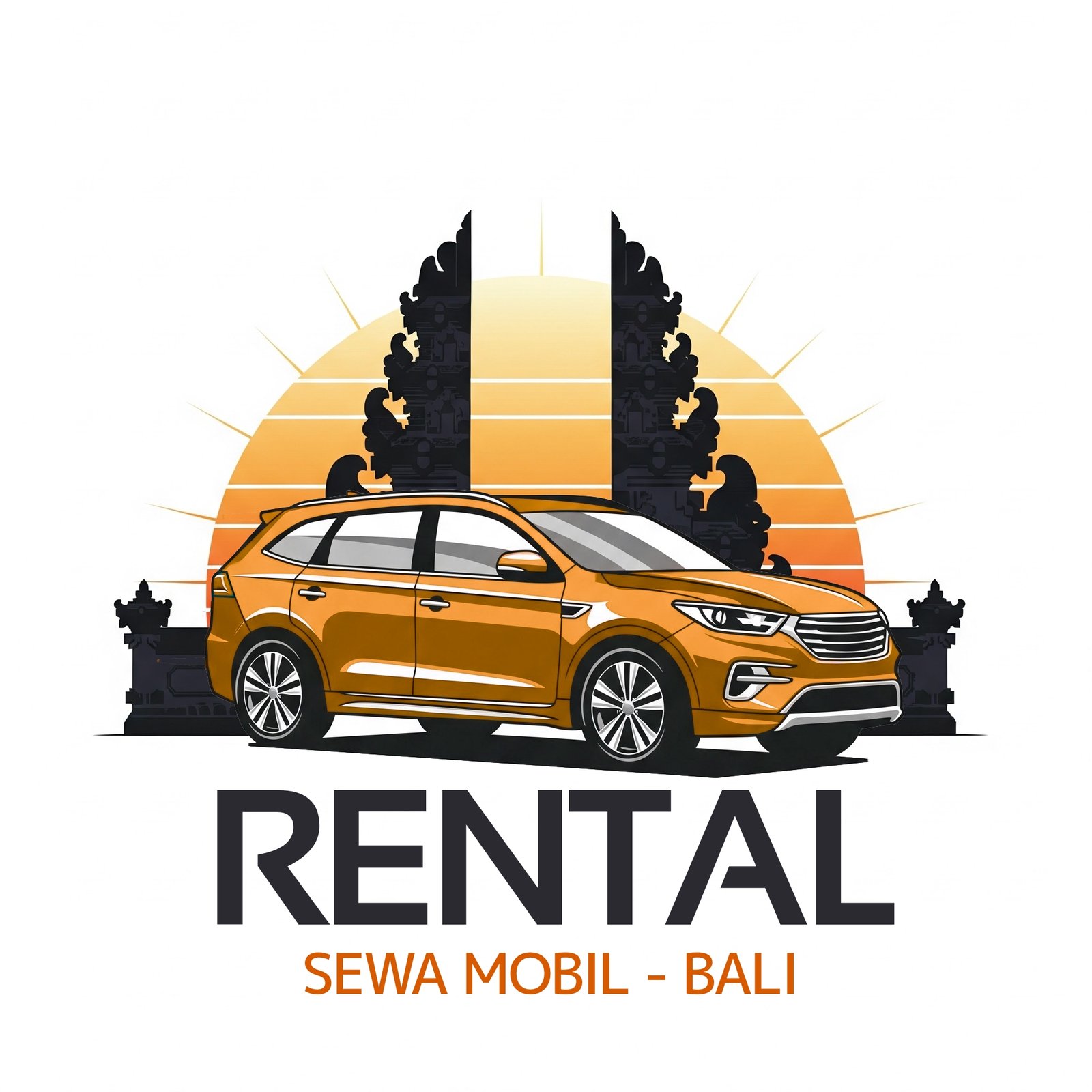Logo Rental Sewa Mobil Bali menampilkan mobil oranye dengan latar belakang gerbang pura Bali dan matahari terbit.