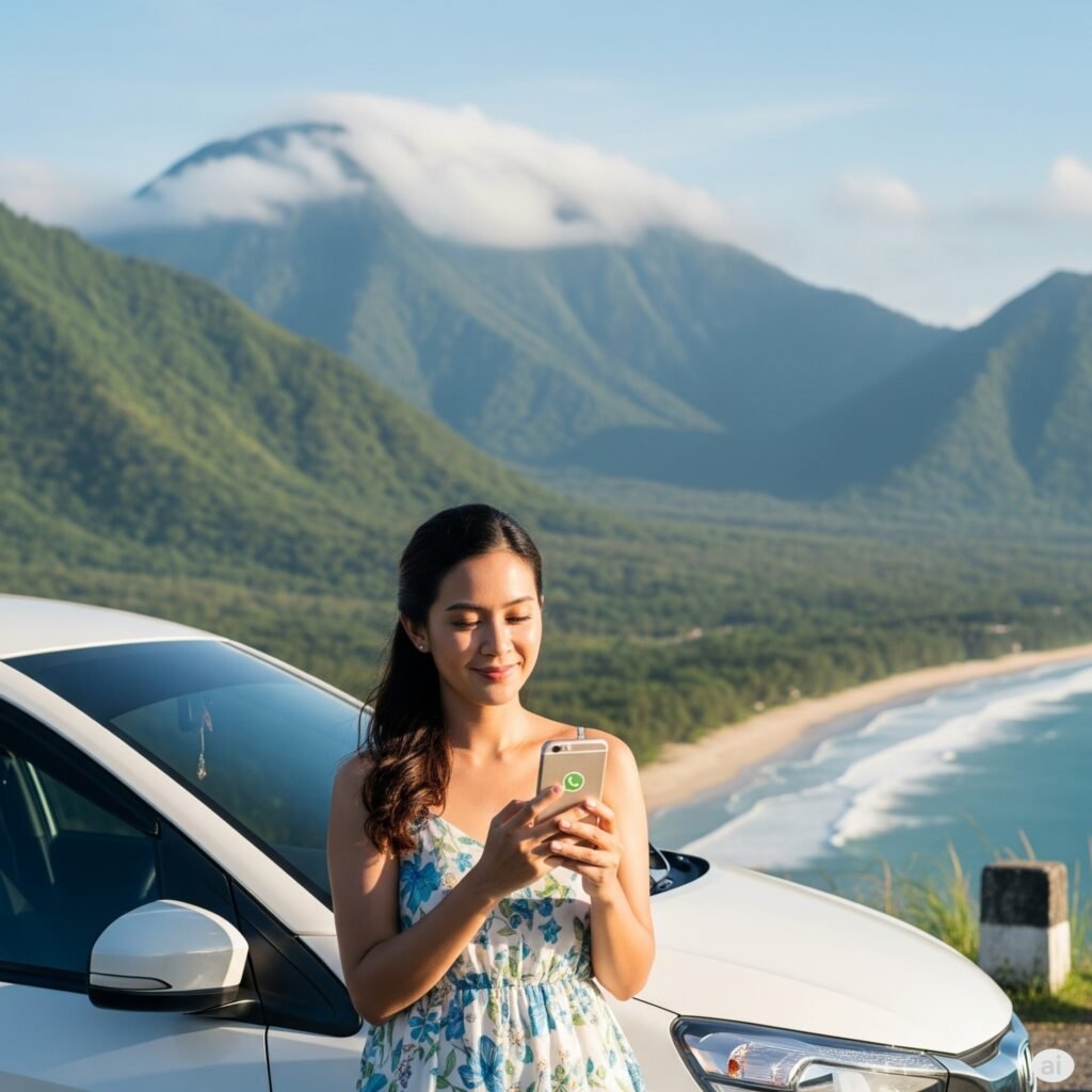 Seorang wanita tersenyum menikmati liburan di Bali sambil melihat ponsel di samping mobil Honda Brio, pemandangan laut dan bukit.